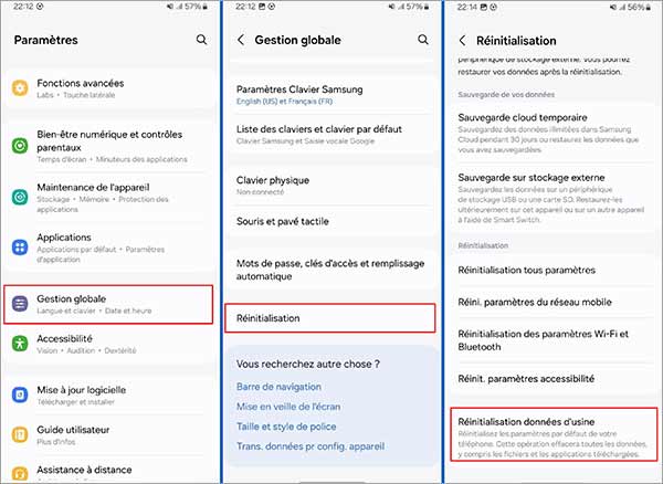 Réinitialiser Samsung via les paramètres