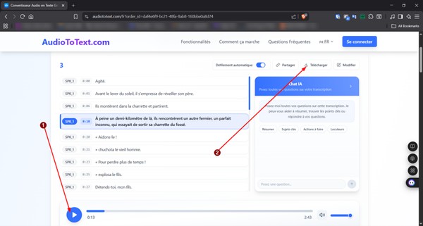 Jouer et télécharger le fichier audio dans AudioToText.com