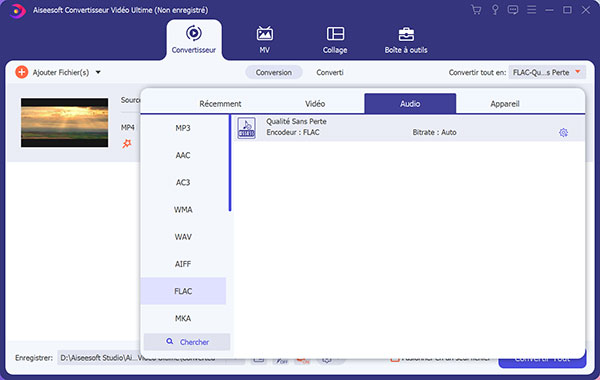 Choisir le profil FLAC pour MP4