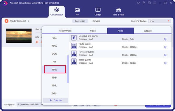Choisir le profil M4A pour MP4