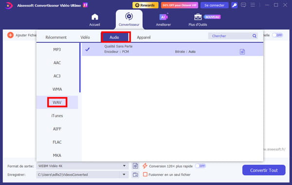 Sélectionner WAV comme format de sortie