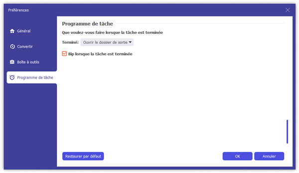 Préférences Programme de tâche