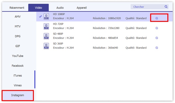 Sélectionner le format vidéo Instagram en Convertisseur Vidéo Ultime