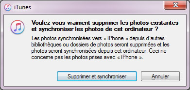 Messages lors de synchroniser les photos iPhone avec iTunes