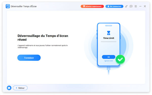 Déverrouillage du Temps d'écran réussi