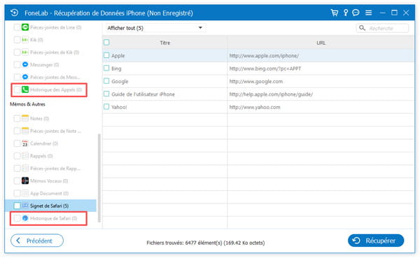 Sélectionnez l'historique des appels et l'historique Safari