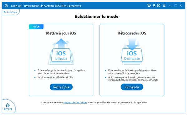 Mise à jour/rétrogradation d'iOS