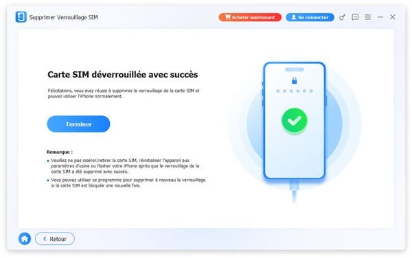 Déverrouillage carte SIM avec succès