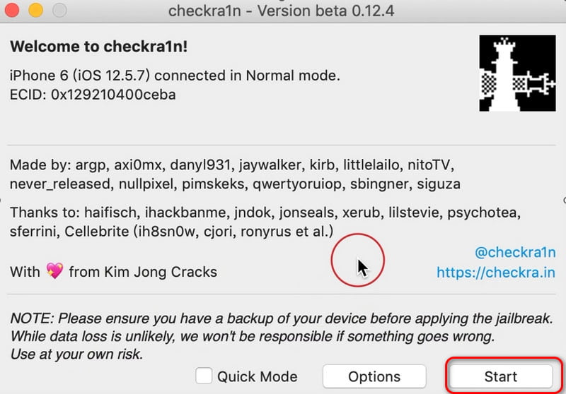 Checkra1n cliquez sur Start