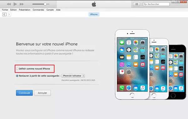 Définir comme un nouvel iPhone sur iTunes