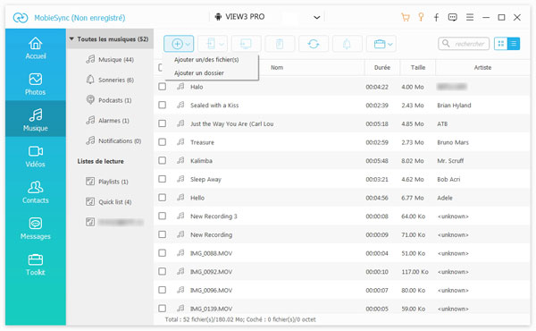 Sélectionner de la musique PC à transférer