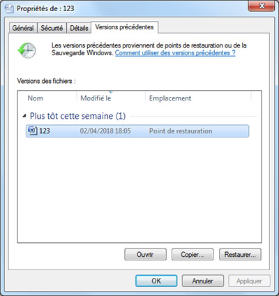Restaurer la version précédente