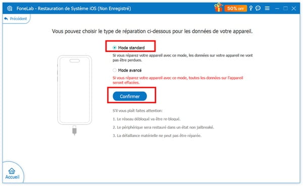 Choisir le mode de réparation