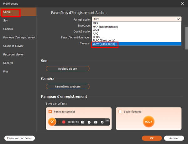 Choisir WAV comme format d’exportation