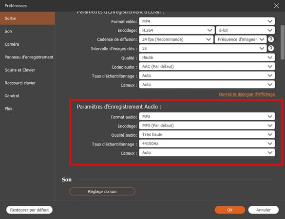Définir des préférences de sortie