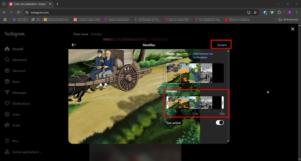 Couper le reel sur Instagram web