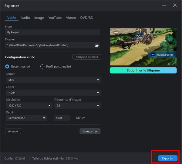 Exporter la vidéo dans PowerDirector