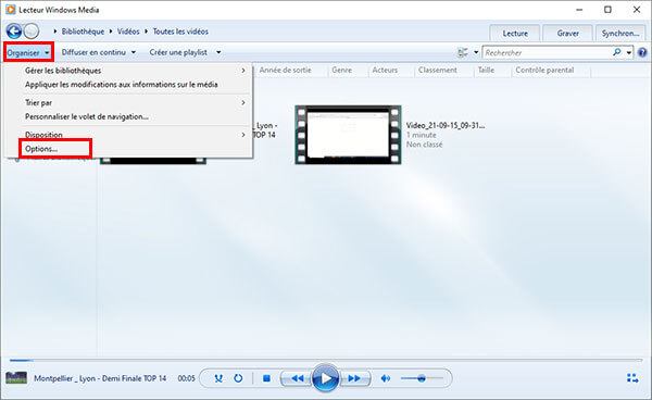 Ouvrir Options sur Windows Media Player