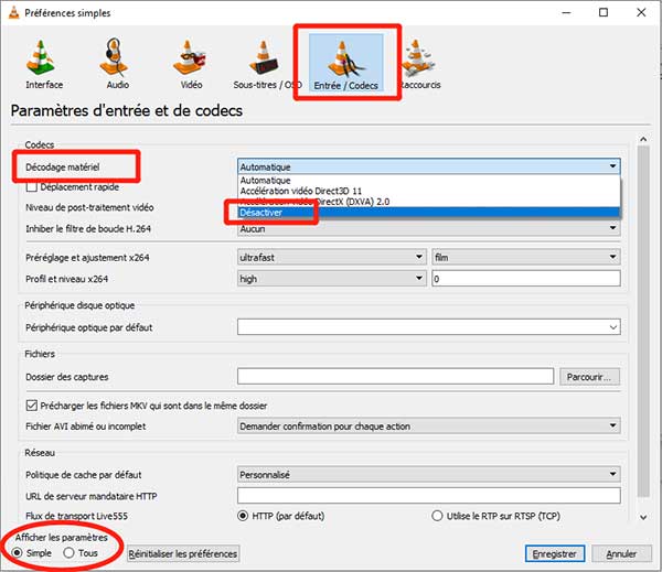 Changer les paramètres de décodage