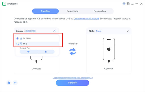 Sélectionner les périphériques source et cible